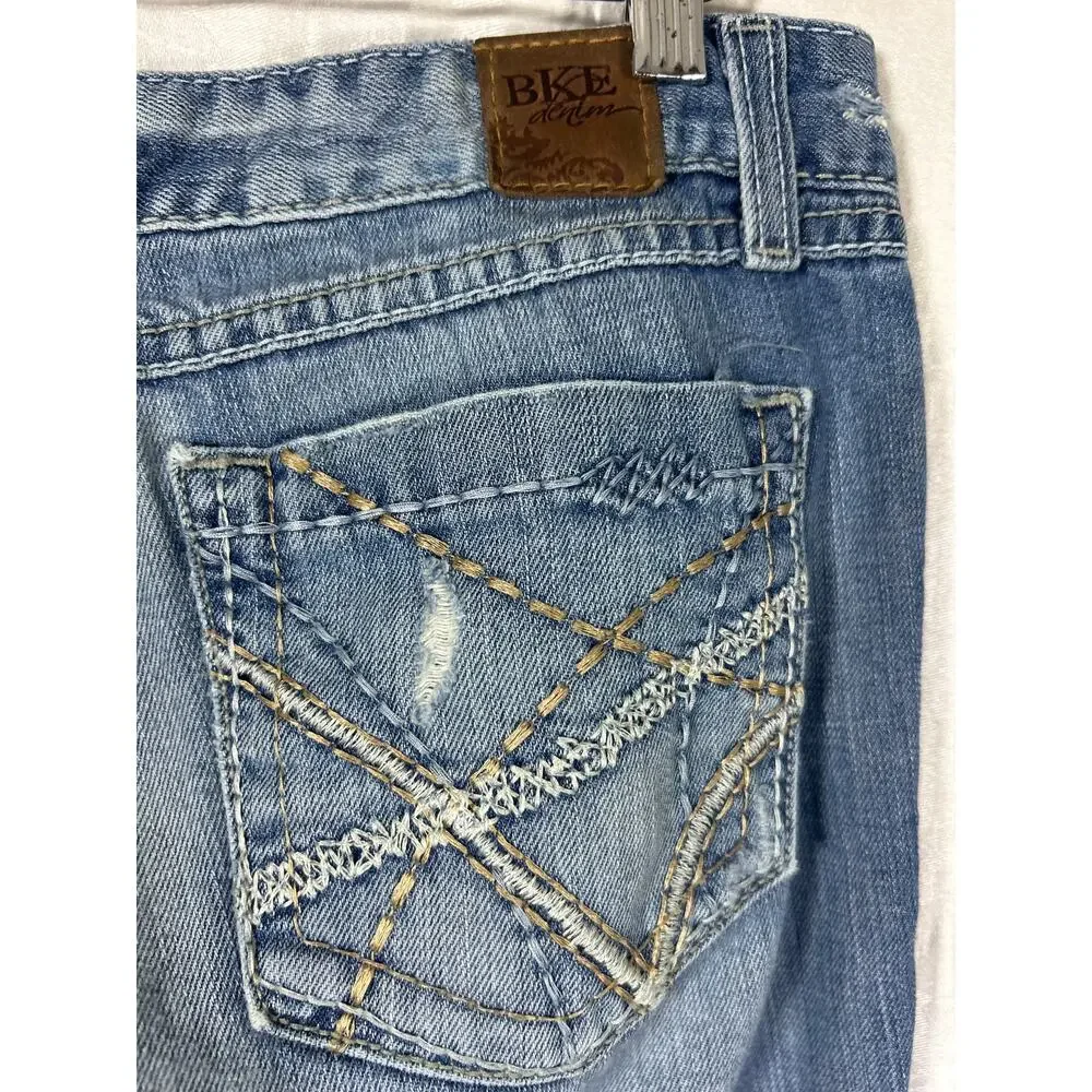 BKE Jeans 31x31.5 Sabrina Low Rise Flare Vintage Y2K Distressed Blue Denim
